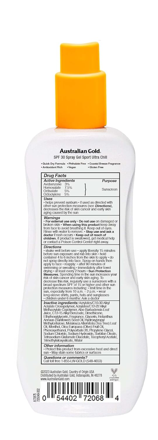 Australian Gold Extreme Sport Spray Gel Sunscreen SPF 30, 8 Ounce | Broad Spectrum | Sweat & Water Resistant | Non-Greasy | Oxybenzone Free | Cruelty Free
