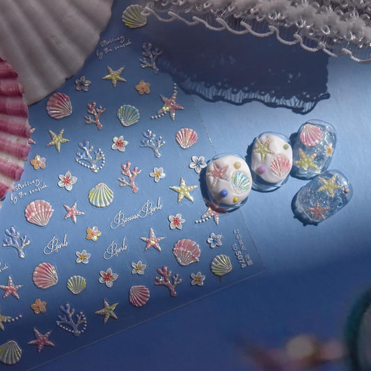 Starfish Nails Stickers Ocean Nail Art Decals Marine Organism with Design Summer Beach Nail Art Stickers for Women Girls Kid 5D Embossed Self Adhesive Manicure Supply Decoration