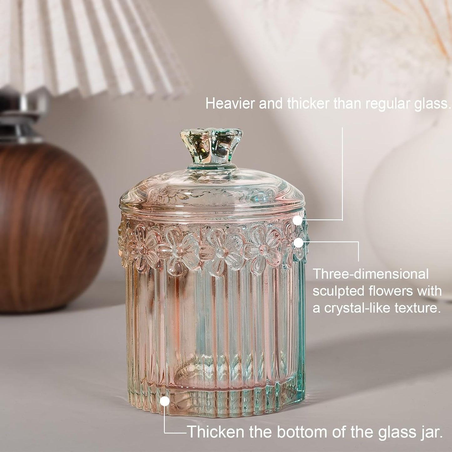 rejomiik 2 Pack Qtip Holder Glass Apothecary Jars with Lids Set Bathroom Canisters Dispenser Organizers and Storage for Cotton Swabs, Balls, Pads, Floss Picks, Candy, Rainbow