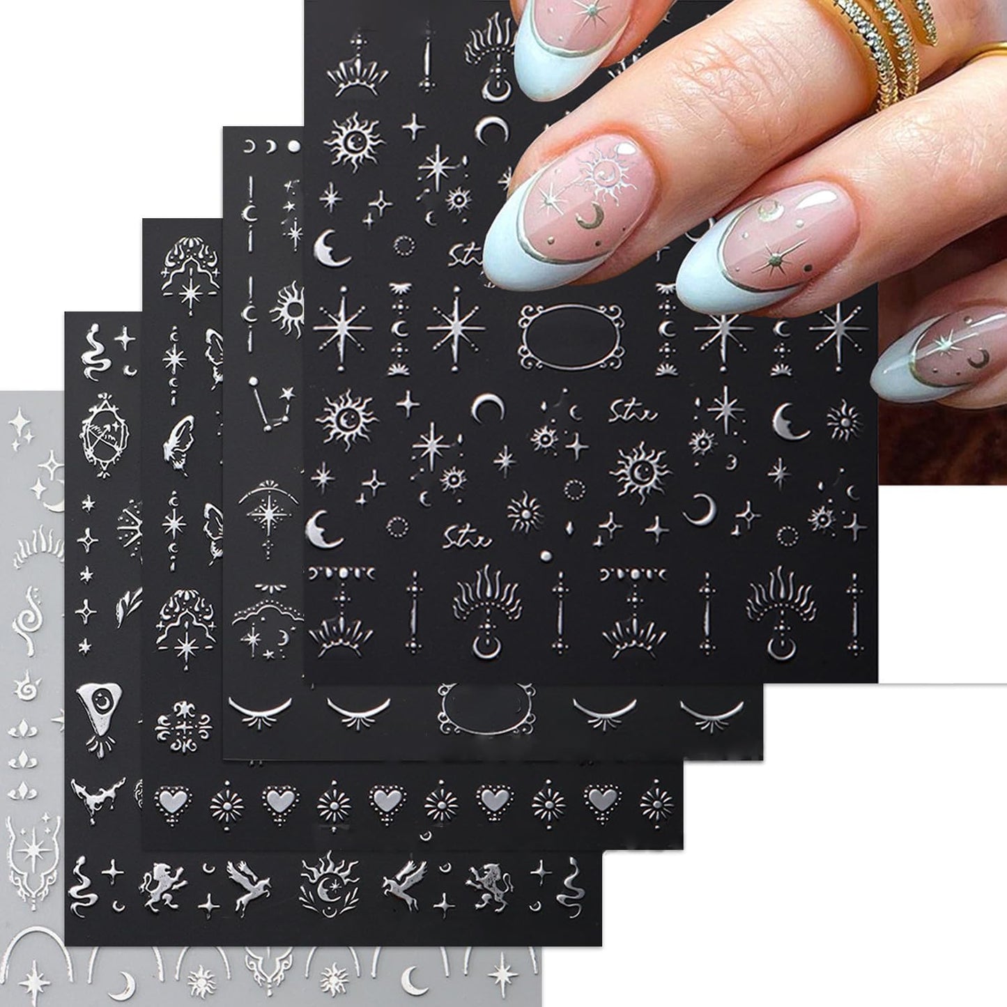 Metallic Silver Nail Art Stickers 3D Self-Adhesive Nails Stickers Bohemian Sun Moon Hexagram Butterfly Heart French Tip Decal Supplies Women DIY Silver Metal Nail Art Decoration 4Sheets