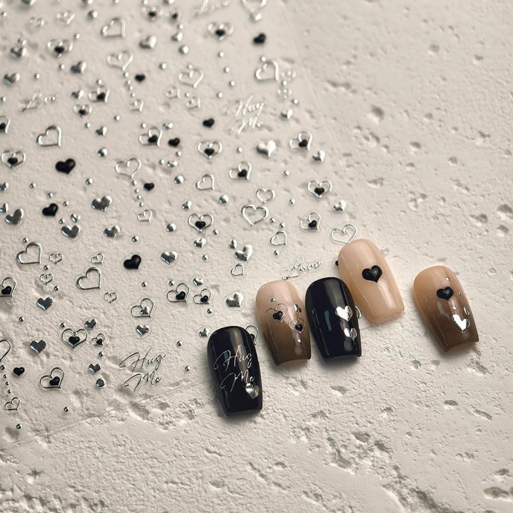 2 Sheets 5D Embossed Heart Nail Stickers 3D Self-Adhesive Red Black Hearts Love Nail Decals Golden Silver Hollowe Design Love Fall Valentines Day Nail Art for Women Girls DIY Manicure