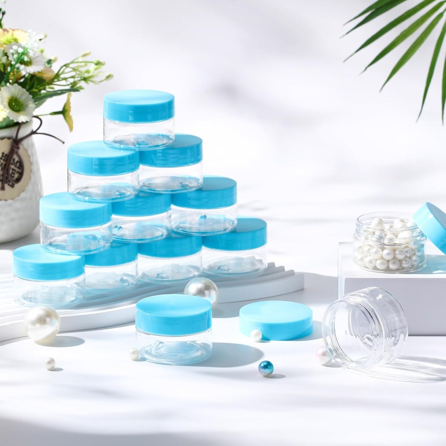 SATINIOR 100 Pcs Plastic Jars with Lids Small Containers Lids Wide Mouth Small Plastic Containers for Lotion Cream Rhinestones Body Butters Travel Storage(1 oz,Blue)