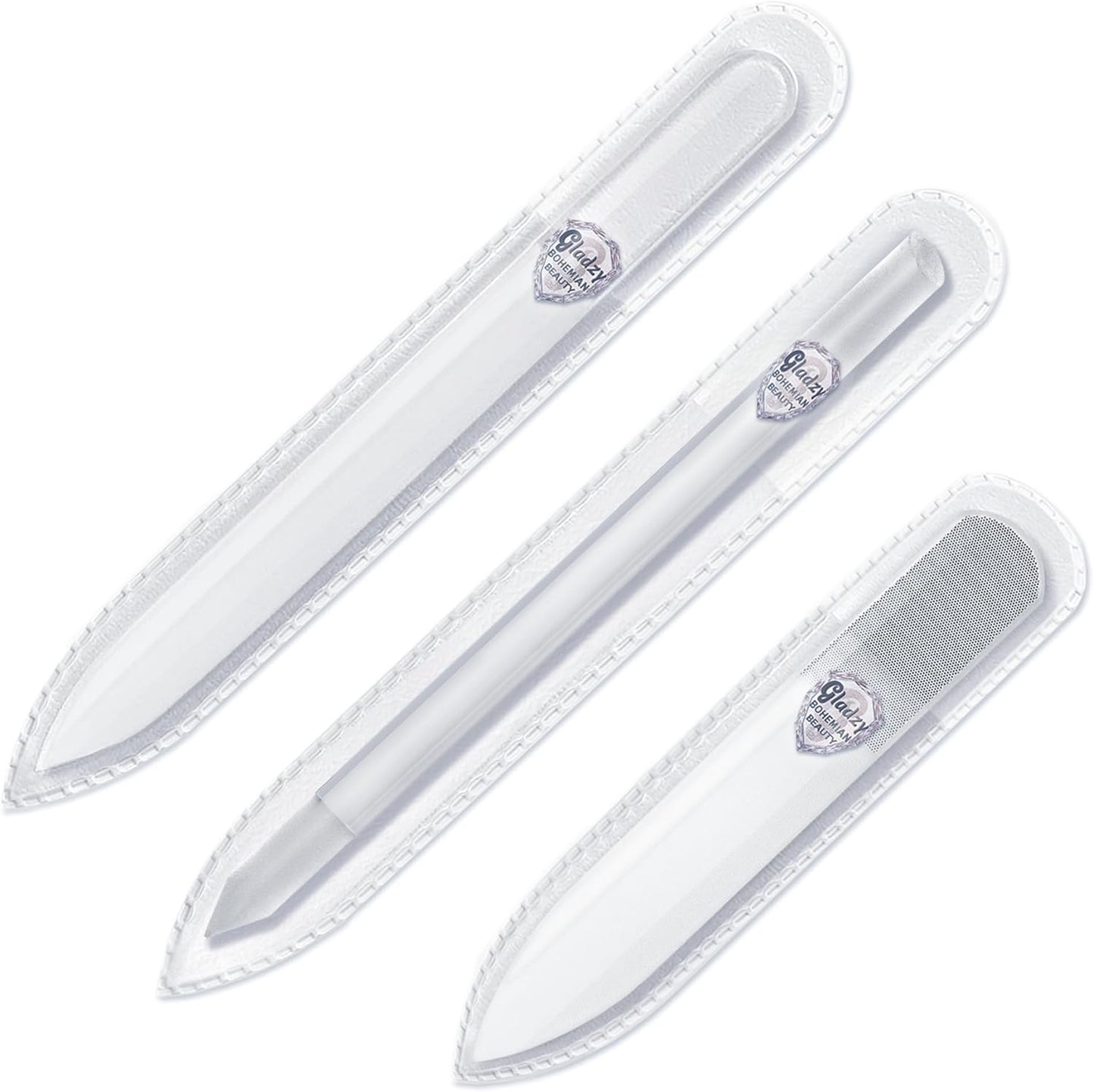 GLADZY Czech Glass Nail File Set with Glass Nail Shiner & Cuticle Pusher– 3 pcs Manicure Kit with Case, Multi-Functional Nano Buffer, Manicure Stick, Etched Crystal File for Natural Nails, Made in EU