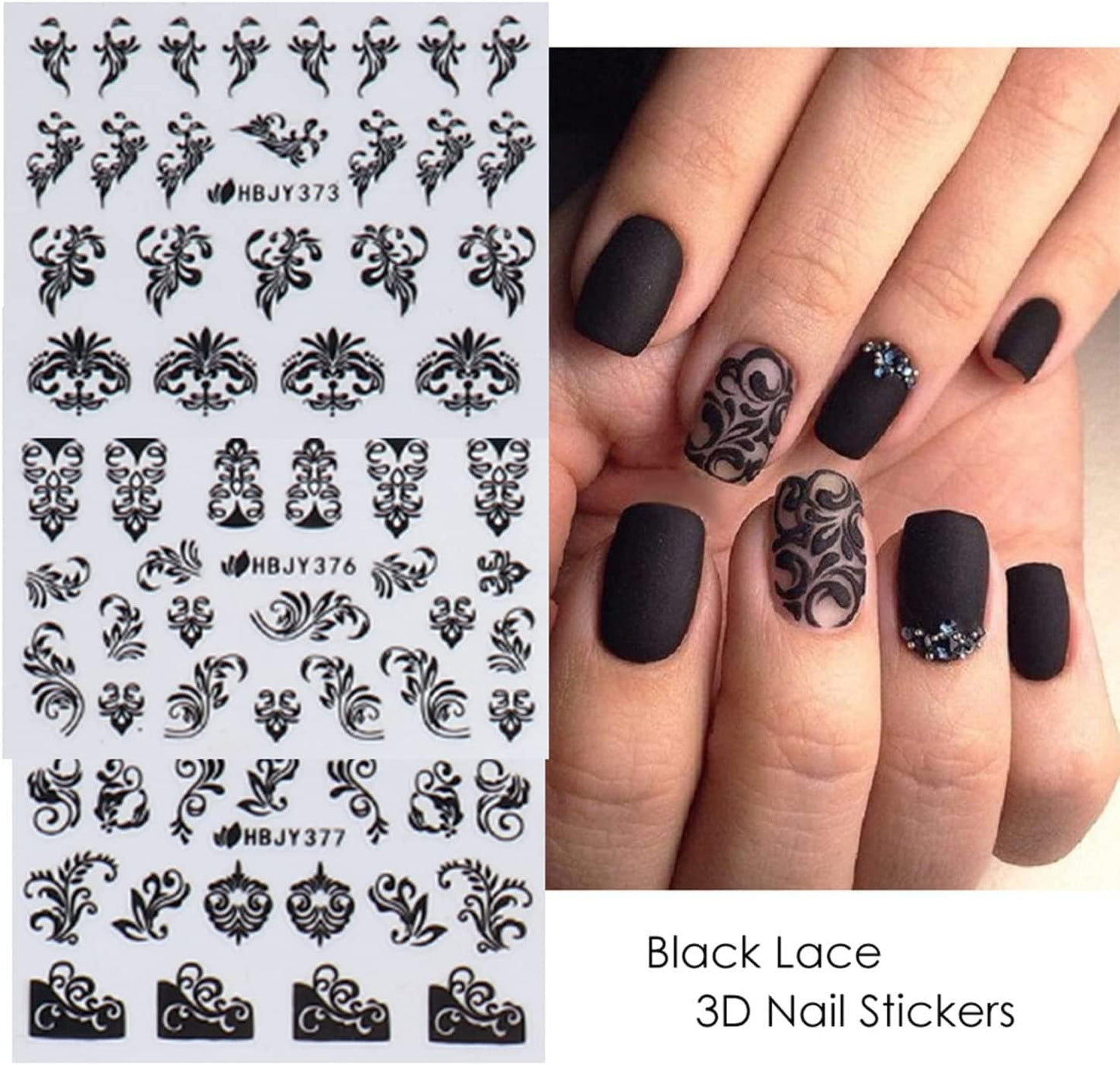Black Flowers Nail Stickers, Floral Nail Art Decal 3D Self-Adhesive Lace Retro Flower Vine Leaf Decals for Women Nail Designs Decoration (373-384)