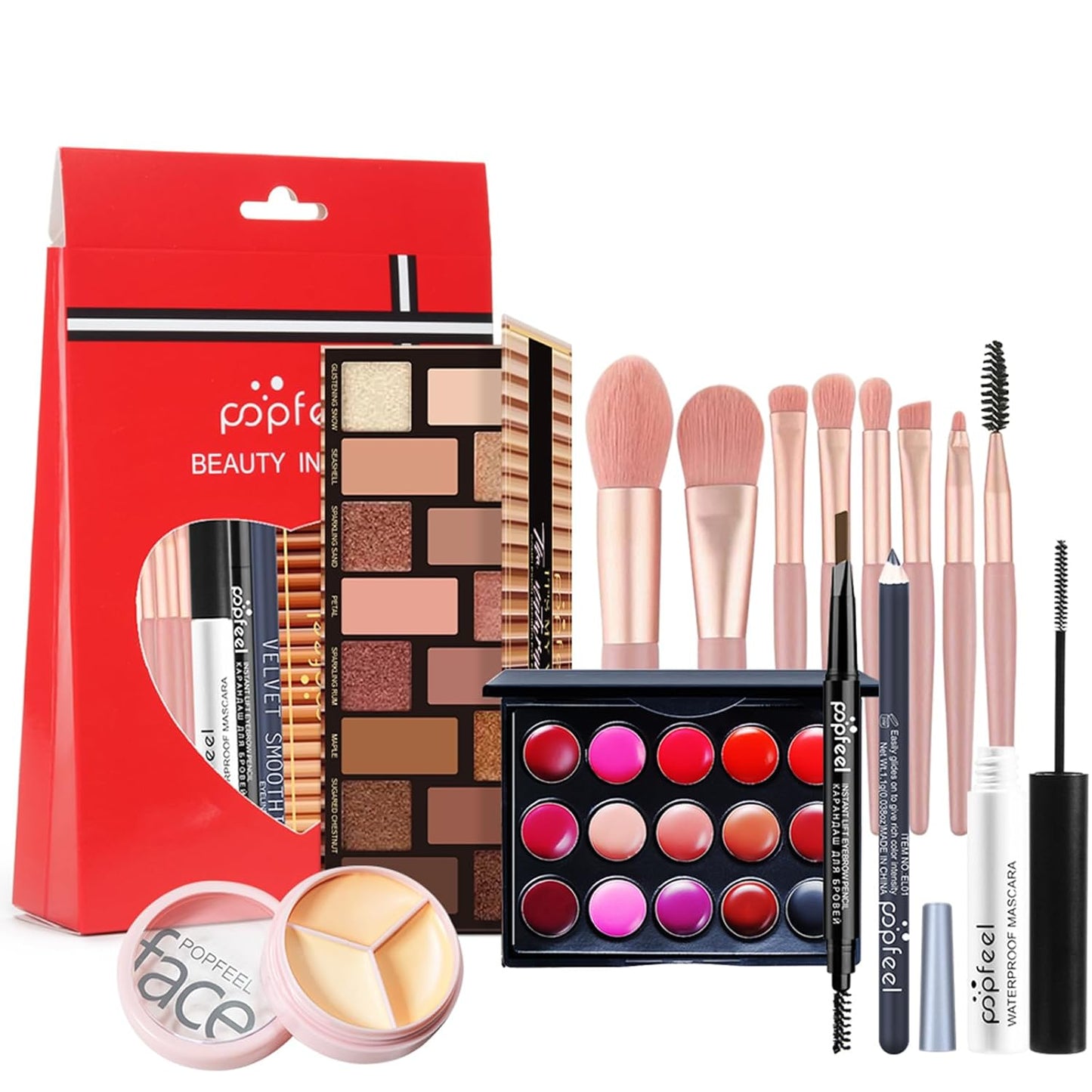 All-in-one Holiday Makeup Gift Set | Full Makeup Kit for Women Multipurpose Essential Bundle Include Eyeshadow Palette Lipstick Blush Concealer Face Powder Eyeliner Mascara Lipgloss Brush