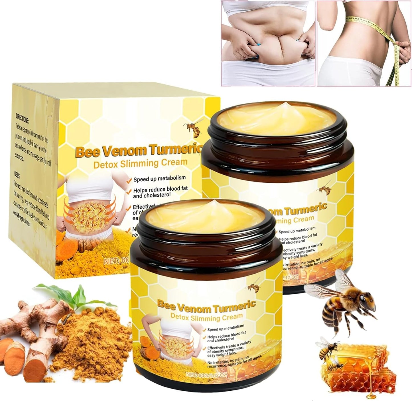 Bee Venom Comprehensive Cream,Turmeric Detox Slimming,Bee Venom Skin Treatment Cream,Body Massage Cream,Natural Skin Moisturizer for All Skin Types(2pcs)