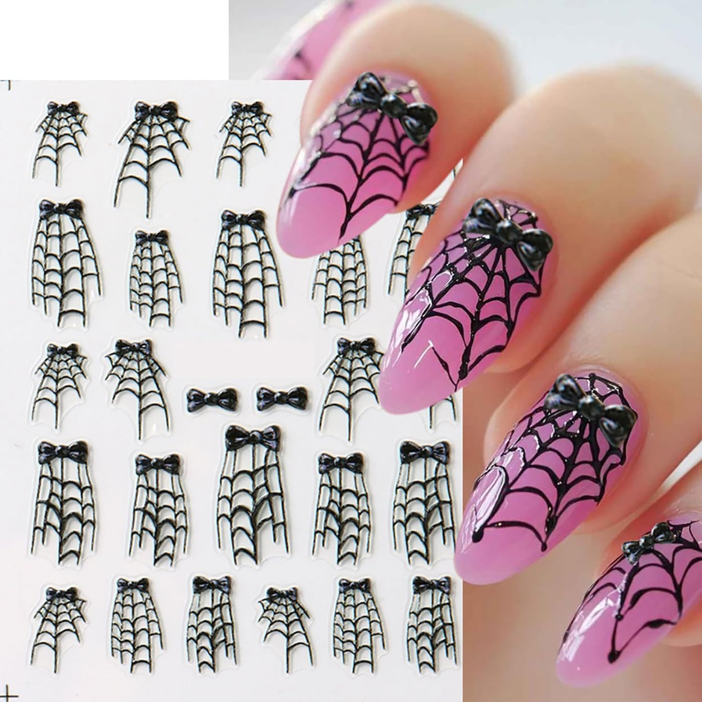 Spider Web Nail Stickers 5D Embossed Halloween Nail Decals for Press Ons 2PCS Self-Adhesive Black Cobweb Bow Design Halloween Nail Charms Holiday Nail Decorations Nail Art for Women DIY Manicure