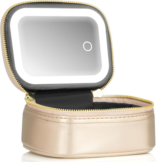 Small Makeup Bag Travel Train Case with Mirror and Light Mini Travel Make up for Women Train Case Cosmetic Organizer 3 Adjustable Brightness Toiletry Bag Portable Artist Storage