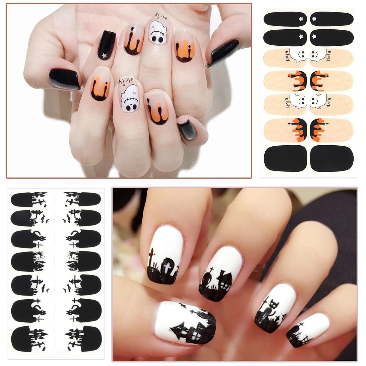 WOKOTO 20 Sheets Halloween Nail Polish Strips, Black Gradient Nail Stickers Full Wraps Kit with Nail File - Pumpkin, Bat, Ghost, Witch, Spider Halloween Nail Polish Stickers for Women Girls