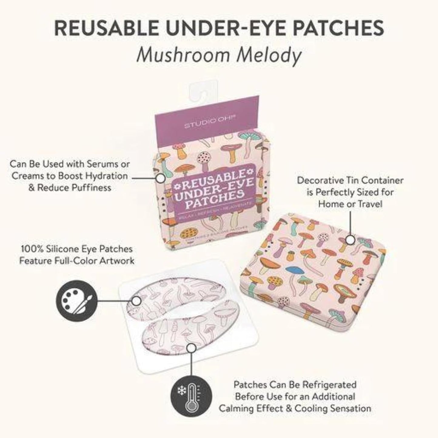 Studio Oh! Reusable Under-Eye Patches, Puffy Eyes Treatment and Under Eye Masks Skincare, 100% Silicone Eye Patches, Pairs with Favorite Serums or Creams, Mushroom Melody