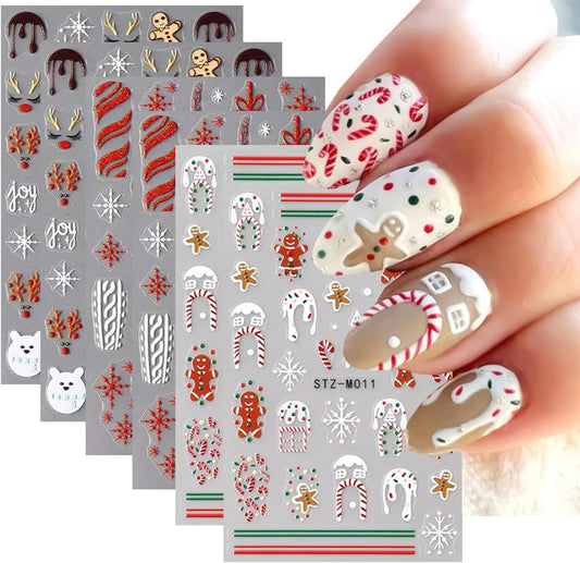 Christmas Nail Stickers,Cartoon Xmas with Cute Gingerbread Man Snowflake Candy Crutch Snowflake Gift Bow Elk French Glitter Design Self-Adhesive Decals for Nails Winter Manicure Decoration 6Sheets