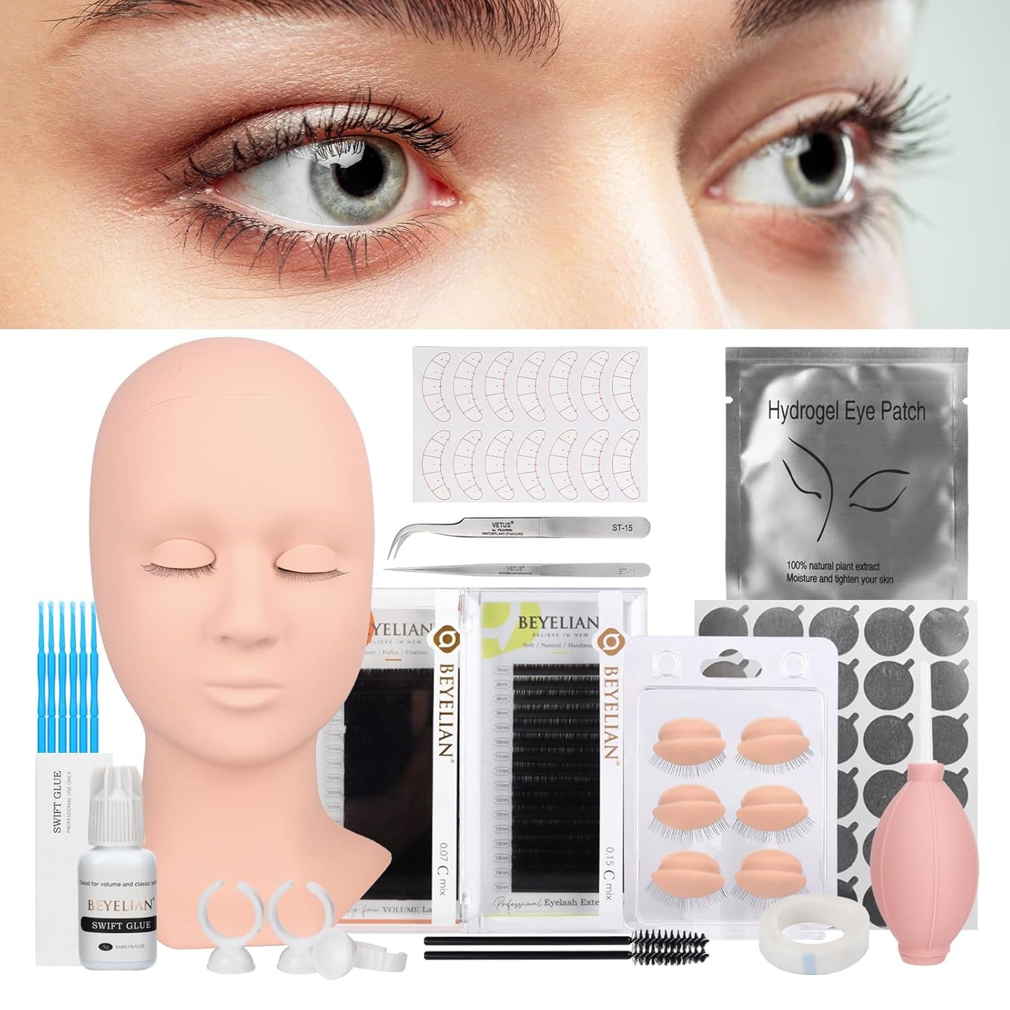 BEYELIAN Eyelash Extension Kit, Lash Extension Kit, Professional Lash Mannequin Head Kit with Removable Eyelids, Lash Kit for Eyelash Extensions Beginners 353 Piece Set