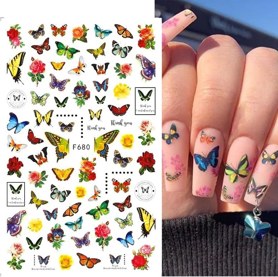 Butterfly Nail Art Stickers Decals 3D Butterfly Self Adhesive Nail Design Stickers Pink Blue Purple Butterflies Leaf Nail Decals for Women Girls DIY Butterfly Nail Stickers Decoration Supply 6 Sheets