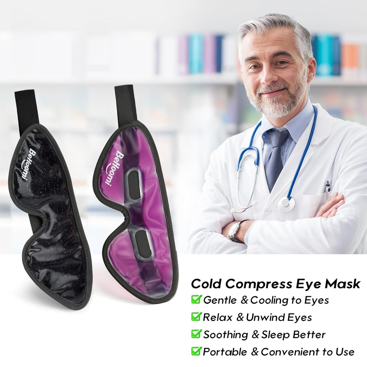 Cooling Eye Mask, Gel Eye Mask Cold Compress for Eyes, Reusable Eye Ice Pack, Cool Relaxation, Comfort Snug Fit, No Freeze, Eye Cover Ice Mask for Home, Office, 2PCS, Black & Purple