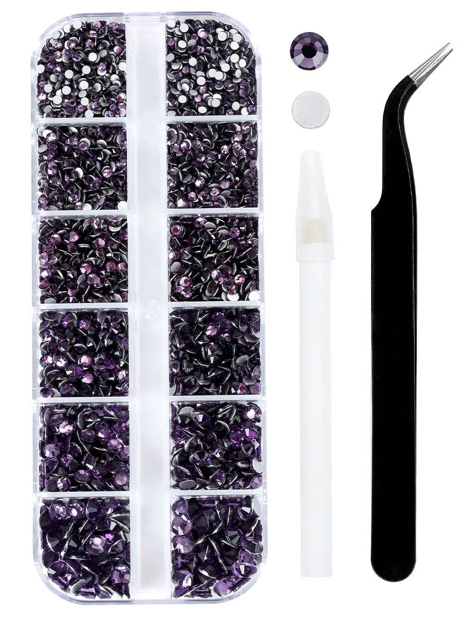 4240Pcs Flatback Purple Rhinestones Glass Crystal Gemstones for Nail Art Face Makeup Bling Round with Tweezers and Picking Pen (SS6~SS20 Set)