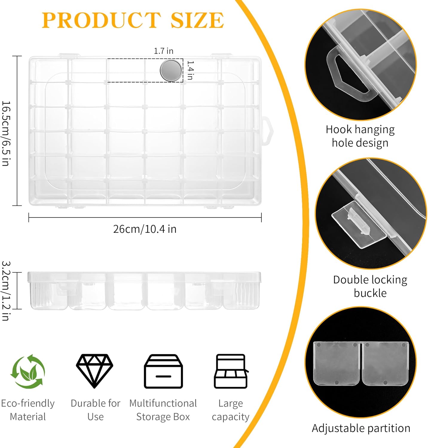 Plastic Organizer Container Box,36 Large Grids Clear Plastic Organizer Boxes with Adjustable Dividers Craft Organizers Box for Bead,Jewelry,DIY Crafts,Art,Small Items Storage (Clear-2pack-72 Grids)