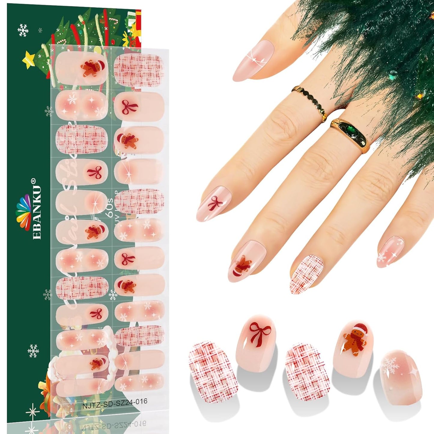 EBANKU 24PCS Christmas Semi-Cured Gel Nail Strips, Bow Tie Adhesive Nail Art Sticker, Waterproof Wrap Stickers With Nail File and Stick