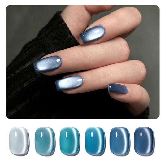 GAOY Blue Cat Eye Gel Nail Polish Set with Magnet for Glitter Holographic Cat Eye, Salon UV Gel Manicure and Nail Art DIY at Home, Tropical Sea