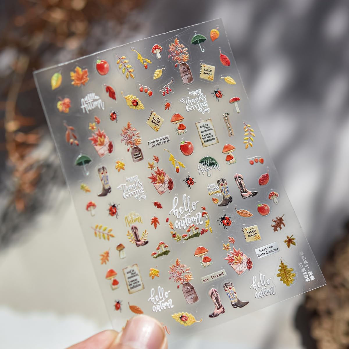 Thanksgiving Day Nail Stickers for Nail Art Fall Nail Sticker 5D Self-Adhesive Shiny Autumn Leaves Shoes Mushroom Nails Decals Holiday Maple Leaves Manicure Nails Decorations for Salon Nails 1 Sheet