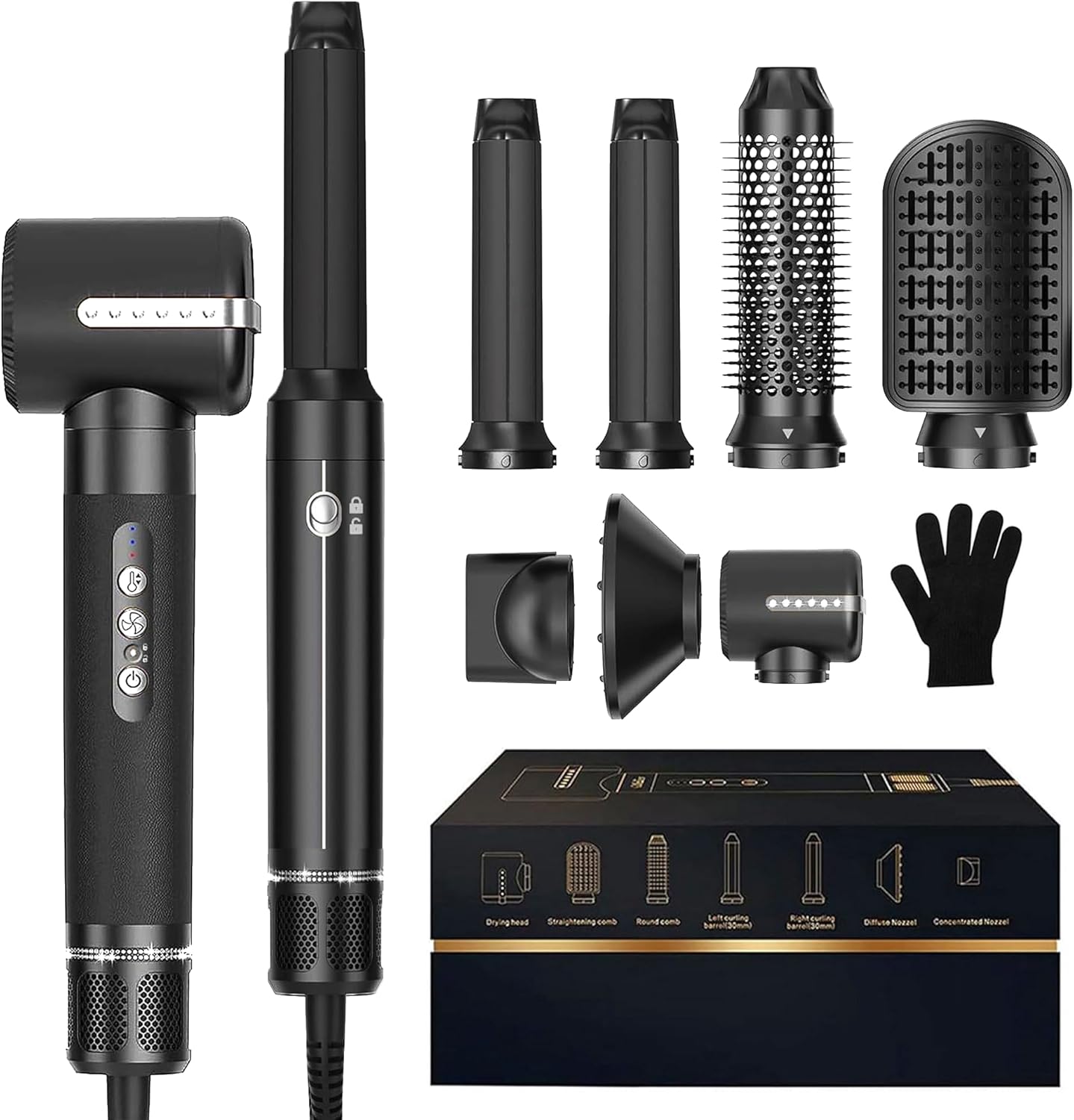 7 in ONE Hair Dryer Brush, Powerful Blow Dryer Brush with Auto- Wrap Curler, Detachable Fast Drying, Volumizing, Curling, Straightening, Ionic Hair Dryer with Diffuser, Hair Styling Tools 100-120V