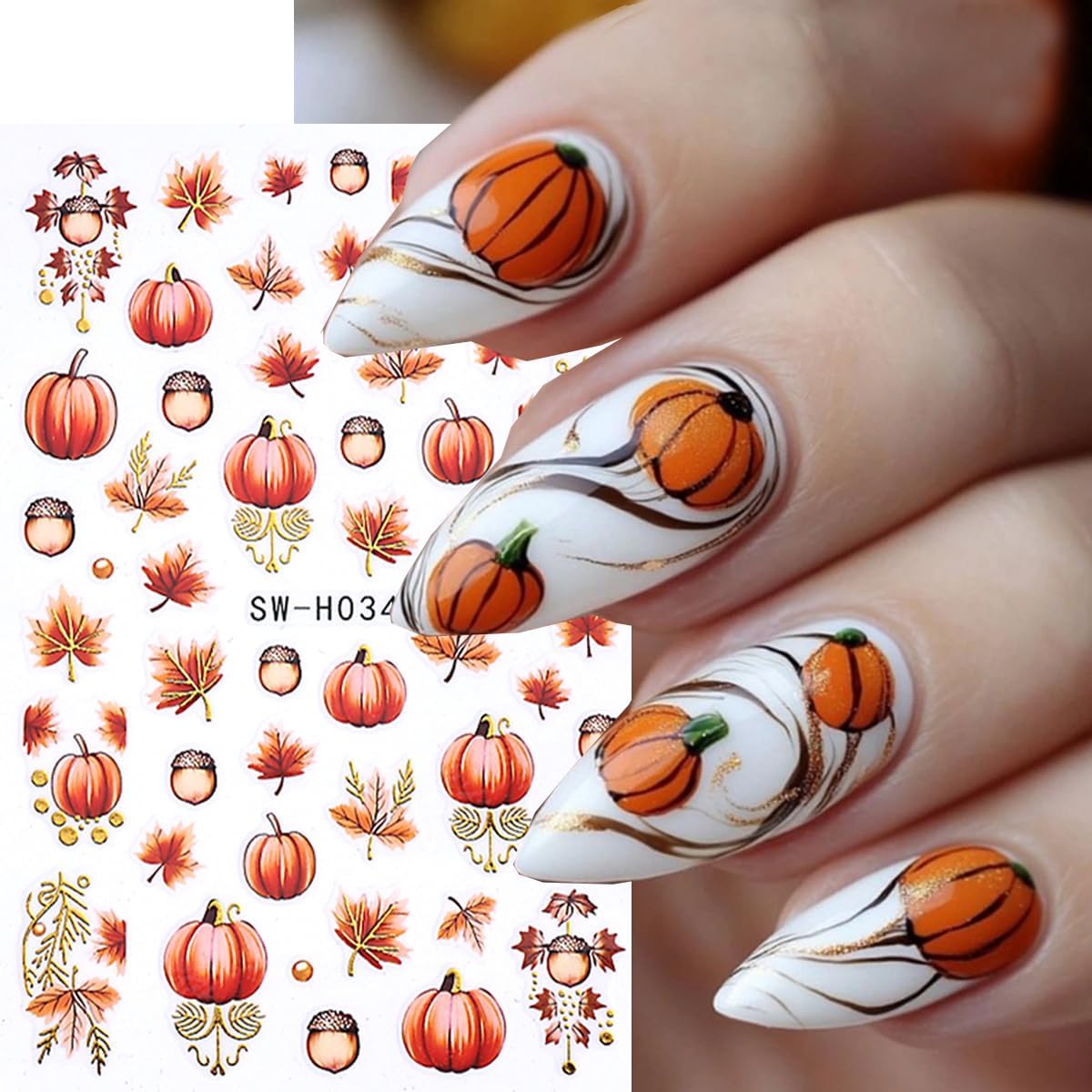 Pumpkin Nail Stickers Fall Nail Decals Maple Nail Art Stickers Glitter Leaves Nut Orange Design Thanksgiving Fall Nail Sticker for Nail Art 3D Self Adhesive for Women DIY Holiday Manicure Supplies