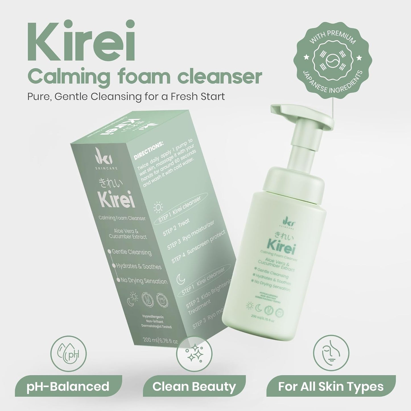 KIREI Foam Cleanser - Gentle Face Wash for Women with Aloe Vera & Cucumber Extract, Hydrating & Soothing, Dermatologically Tested, Suitable for Sensitive Skin, Paraben-Free