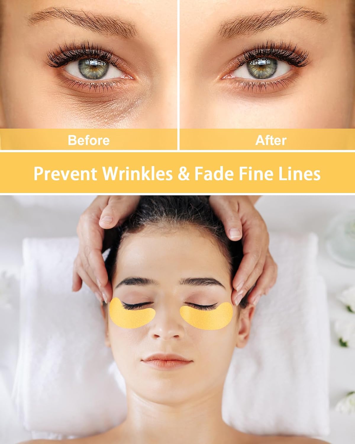 Under Eye Patches Silicone - 2 Pairs Reusable Eye Patches, Eye Wrinkle Patches, Reusable Under Eye Mask, Plump Fine Lines & Wrinkles, with Metal Eye Cream Applicator, Tin Case, Gold