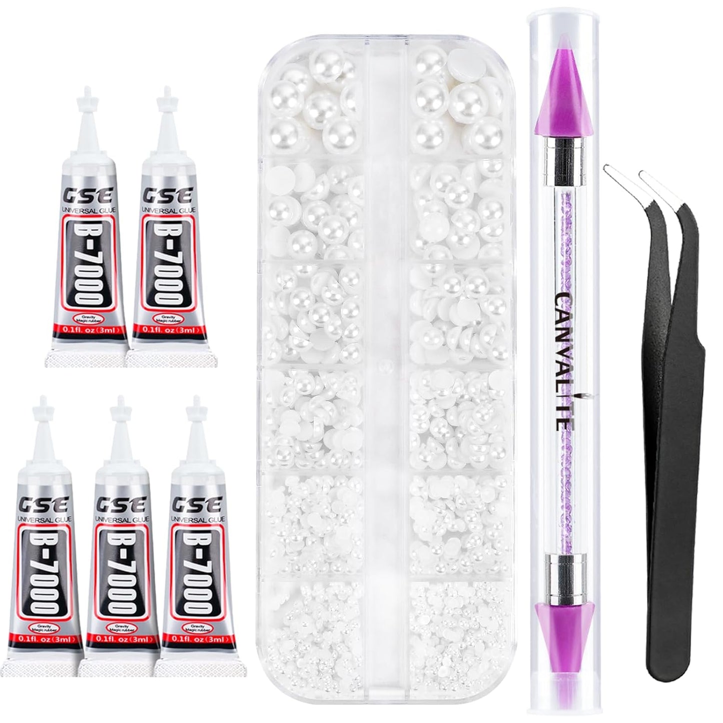 Canvalite Flatback Nail Pearls for Crafting, Multiple Sizes Half Pearls with 5Pcs B7000 Jewelry Glues & Picker Tools Bedazzling Bead for DIY Crafts Clothing Tumblers Shoes Decors Nail Art