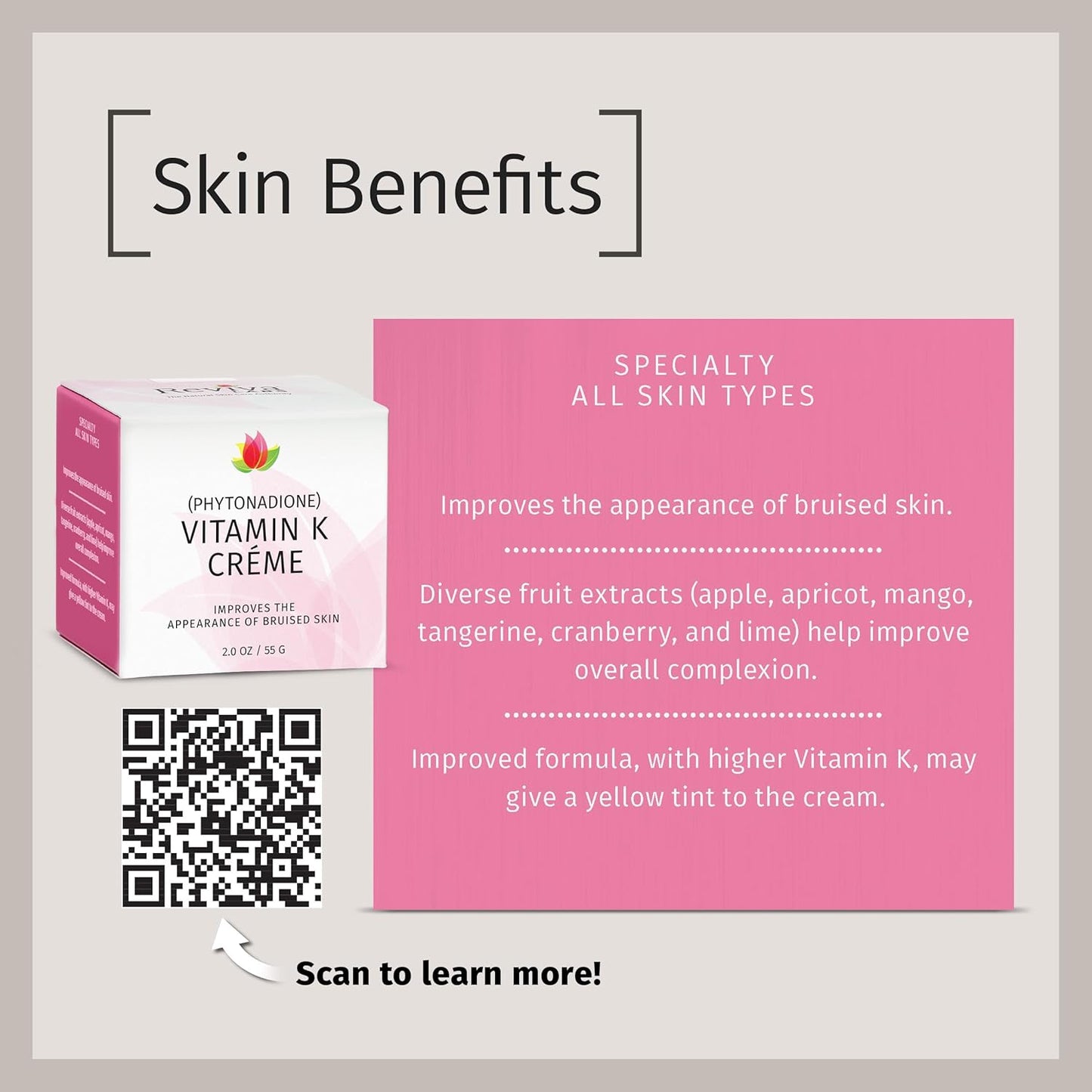 Reviva Labs Vitamin K Crème for Bruising, Under-Eye Dark Circles, and Wrinkles with Soybean Oil and Natural Fruit Extracts - 2 Oz, for Skin and Face