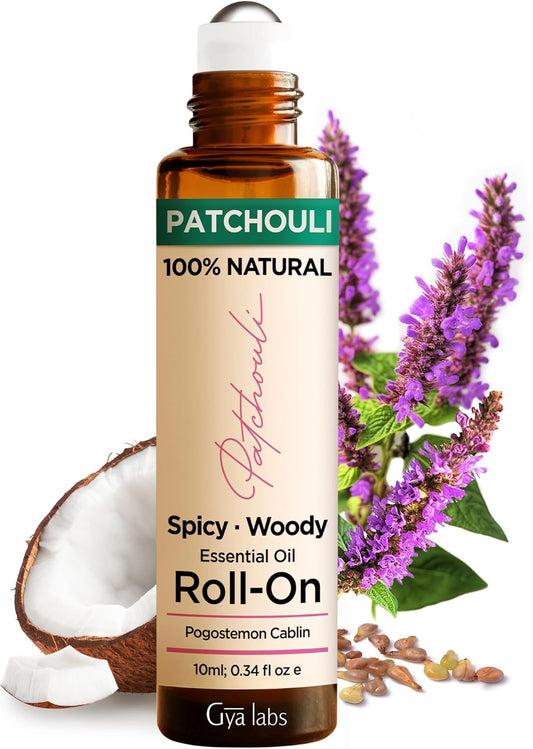 Gya Labs Patchouli Roll On, Luxurious Aroma for Confidence and Allure - Patchouli Essential Oil Roll On for Tranquillity and Inner Peace - 0.34 Fl Oz - Travel-Sized Convenience and Quick Absorption