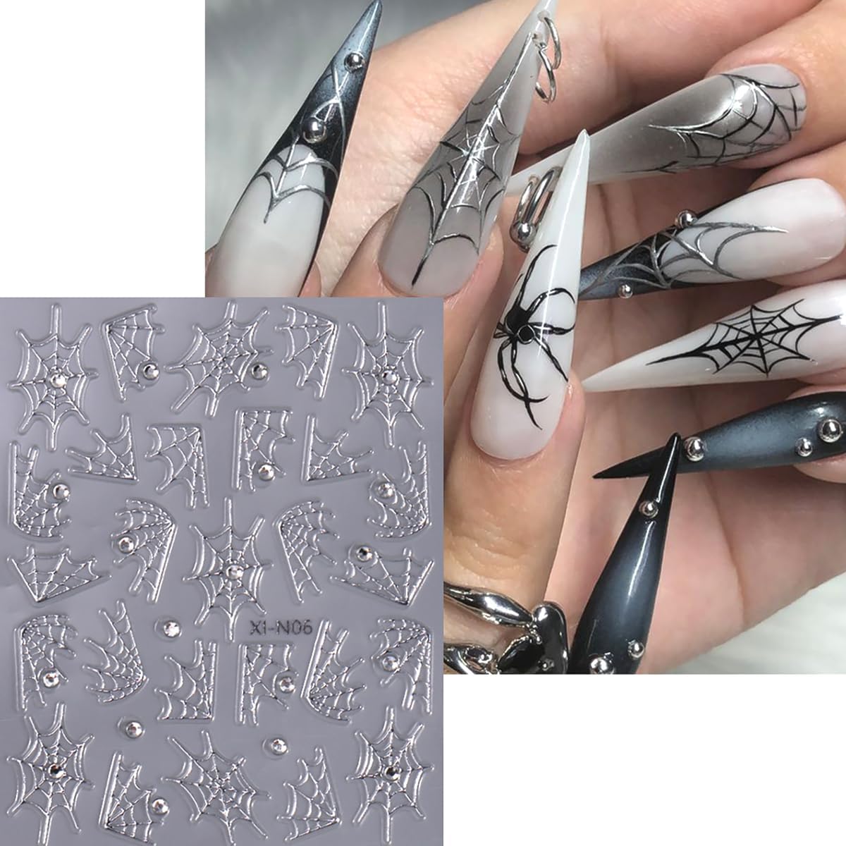6 Sheets Spider 3D Self-Adhesive Gold Silver Red Web Star Design Decals for Women Halloween, Holiday & More: French Nail Art Supplies & Rhinestones Nail Art Charm