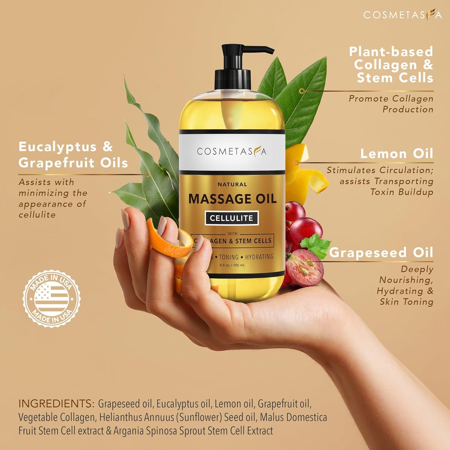 Cellulite Massage Oil with Collagen & Stem Cells- 100% Natural Anti Cellulite Oil, Assists with Firming, Toning & Moisturizes Skin 8.8 oz. by Cosmetasa