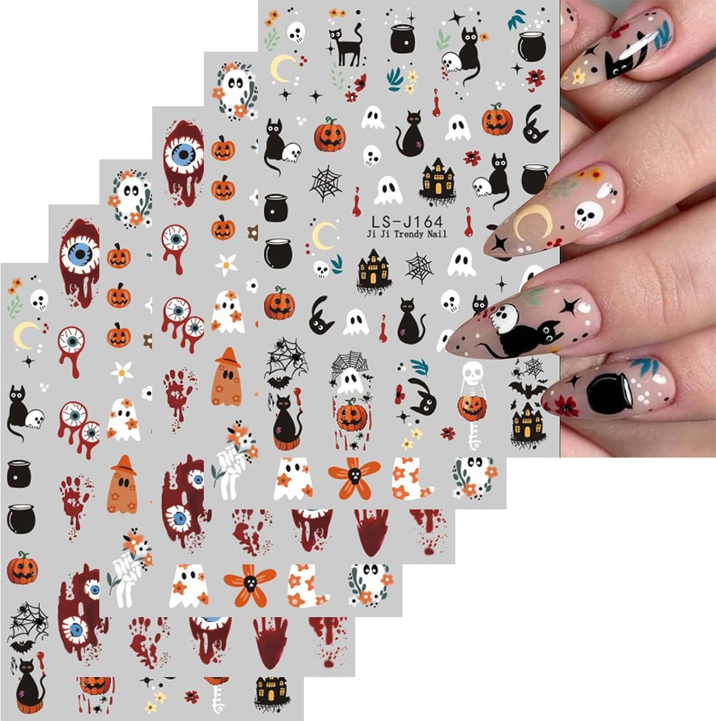 Halloween Nail Stickers for Nail Art Cute Ghost Black Cat Pumpkin Blood Eyeball 3D Self-Adhesive Nail Decals Nail Art Supplies Nails Design Manicure Stickers for Nails Decoration 6Sheets