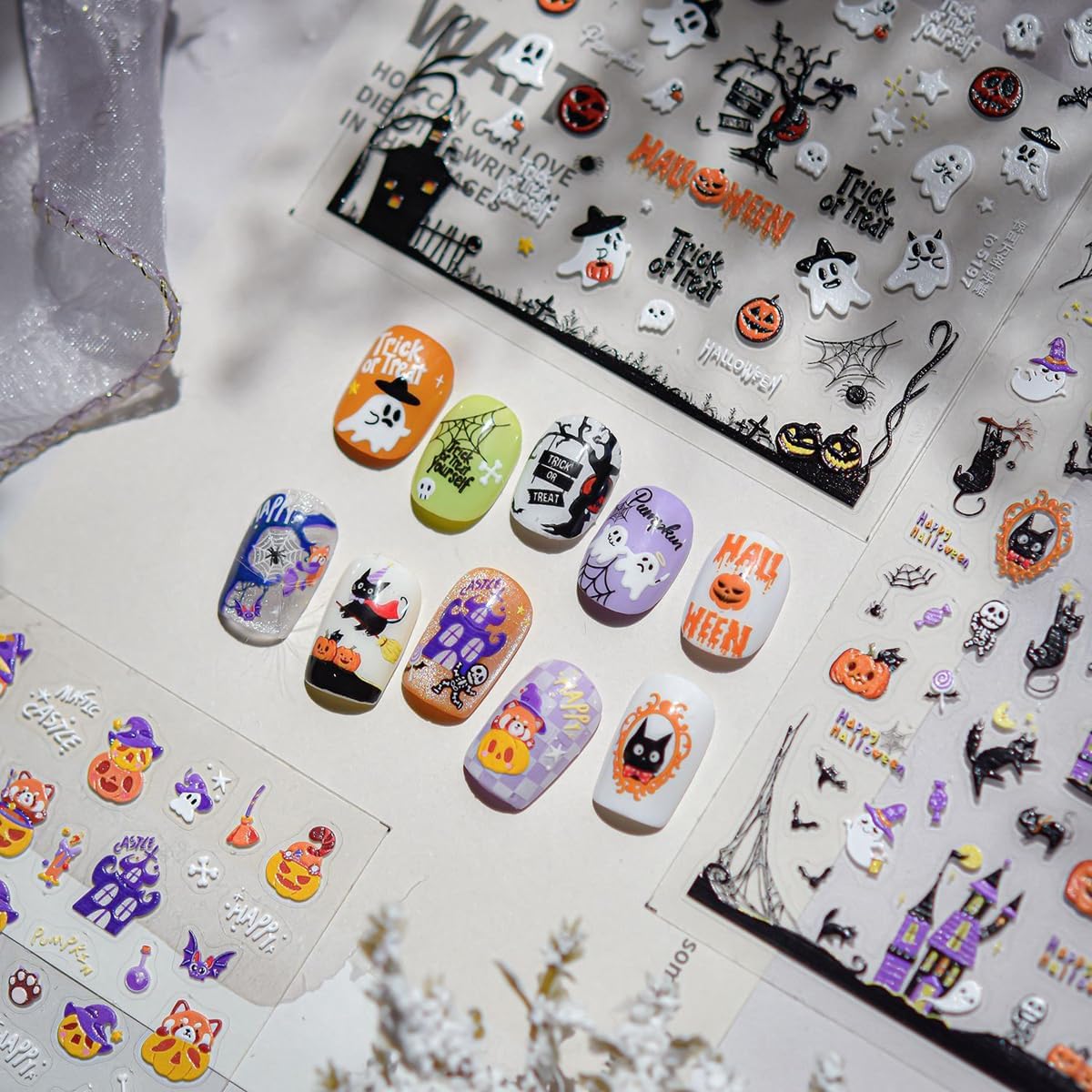 5D Embossed Halloween Nail Stickers Cute Pumpkin Self-Adhesive Nail Art Pegatinas Uñas with Ghost Bat Haunted House Designs Nails Decals Halloween DIY Manicure for Women Nails Art Decoration 1 Sheet