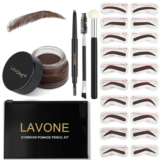 LAVONE Eyebrow Stamp Stencil Kit - Brow Stamp Trio with Waterproof Pencil, Pomade, 20 Stencils, Dual-ended Brush and Sponge Applicator - Espresso