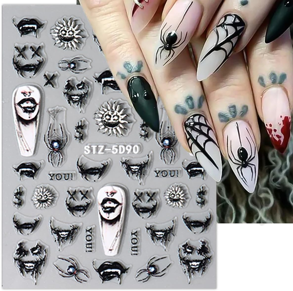 5D Halloween Nail Art Sticker - Embossed Horror Ghost & Skull Decals with Flame, Spider Web, Bat, Evil Eye & Skeleton Designs - Self-Adhesive for Women - 8 Sheets