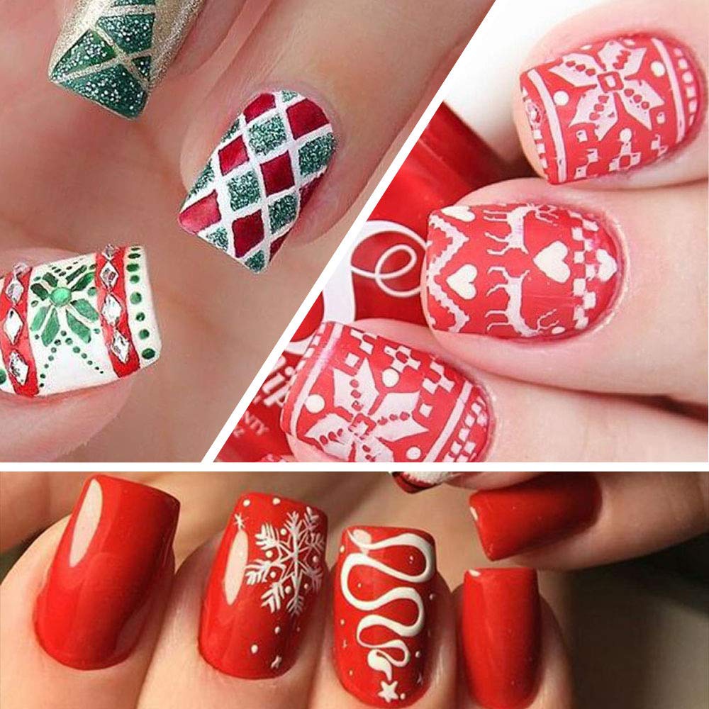 Christmas Nail Stamping Plates, 5Pcs Christmas Nail Stamper Kit Snowflakes Xmas Tree Bell Snowman Elk Nail Art Stencils Plates Winter Nail Stamp Kit Manicure Template Design Tool