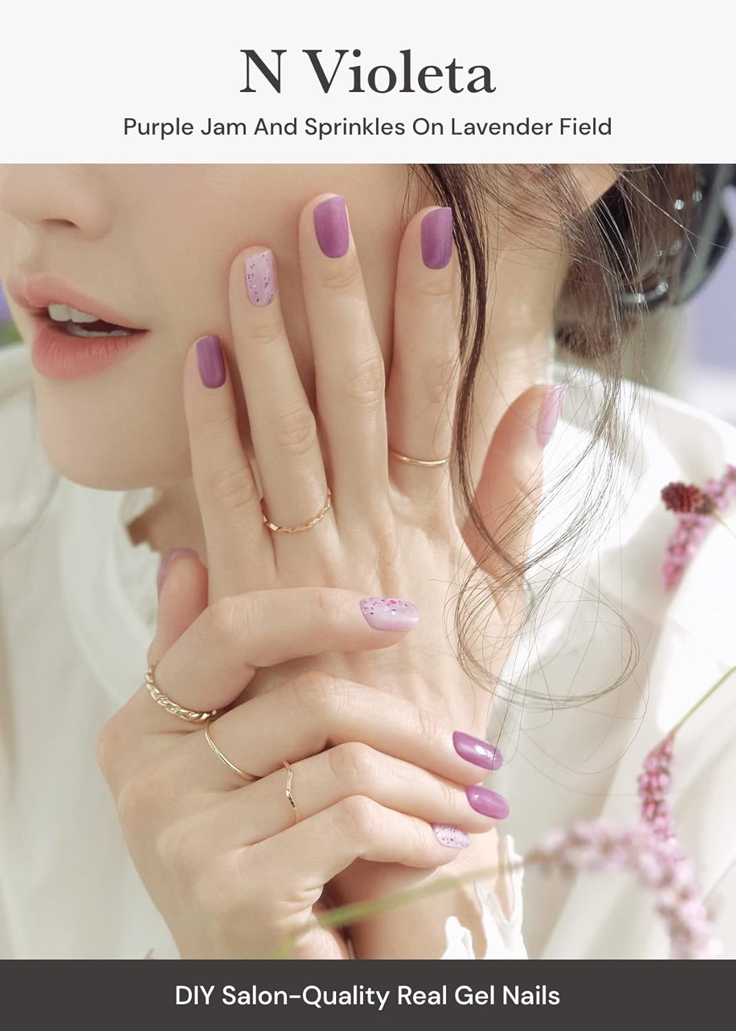 ohora Semi Cured Gel Nail Strips (N Violeta) - Purple, Patterned, Works with Any UV/LED Lamps, Salon-Quality, Long Lasting, Easy to Apply & Remove - Includes 2 Prep Pads, Nail File & Wooden Stick