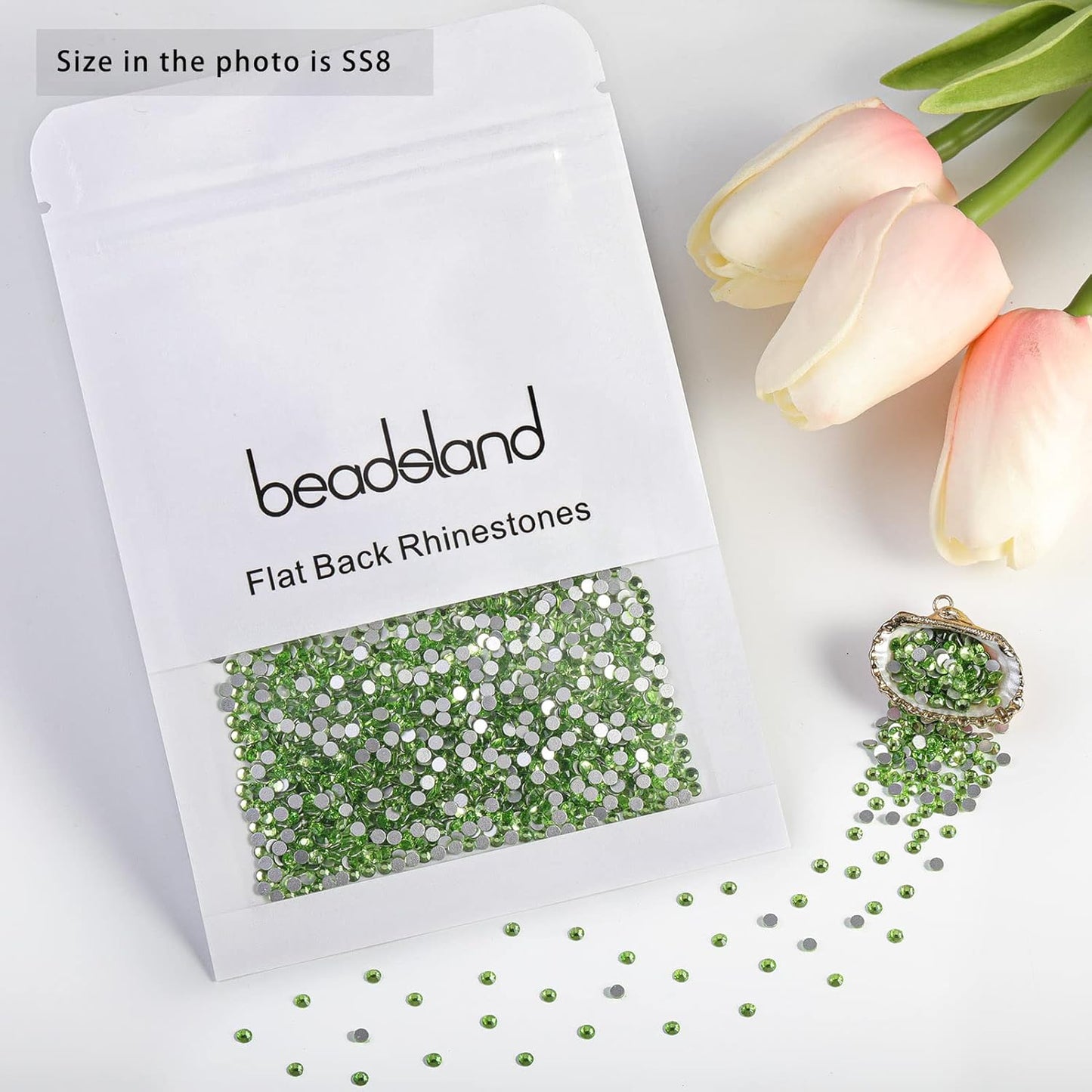 beadsland Flat Back Crystal Rhinestones Round Gems for Nail Art and Craft Glue Fix, Light Green (2.3-2.5mm) SS8/1440pcs