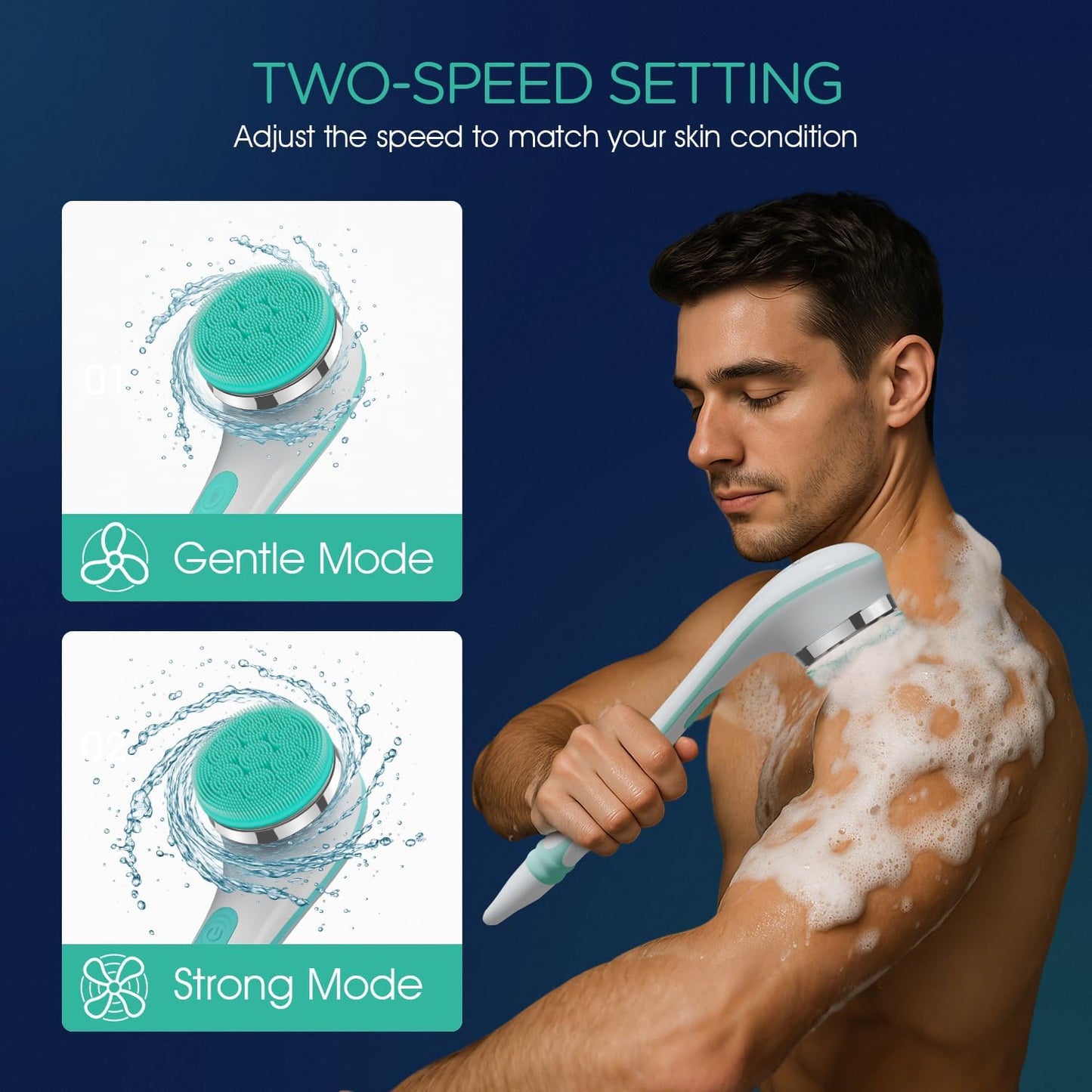 VOYOR Electric Silicone Body Scrubber, Back Scrubber for Shower, Waterproof Long Handle Body Brush, Rechargeable Power Bath Brush for Cleansing, Exfoliating, Massaging Skin BC100 (Blue)