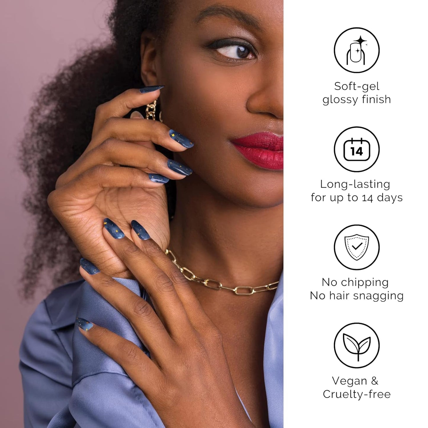 Nailog Semi Cured Gel Nail Strips 34 pcs| Long Lasting Nail Polish Sticker Wraps with Glossy Gel Finish, Starry Night