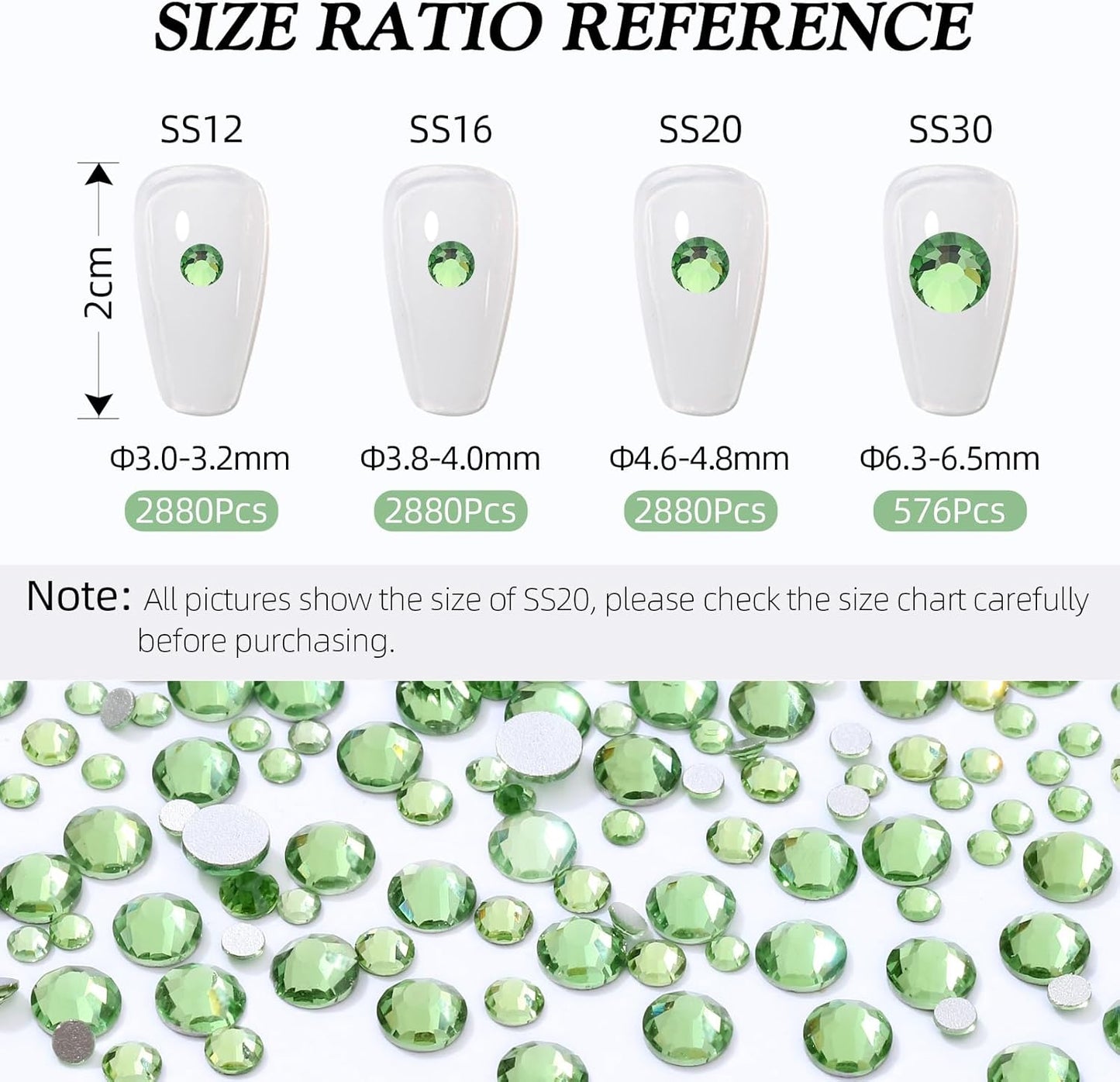 Light Green Flatback Rhinestones, Glass Rhinestones for Nail Art and Craft, Glue Fix, Loose Crystal Gemstones(Lt.Green, SS12, 2880pcs, 2.9-3.0mm)
