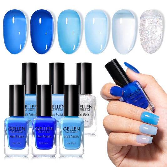 Gellen Blue Jelly Nail Polish, Sheer Nail Polish Quick Dry Summer 6 Colors Blue Glitter Set, Natural Traditional Regular Nails Polish for Acrylic Natural Nails Home Salon, No Gel, Hema Free, Non-toxic