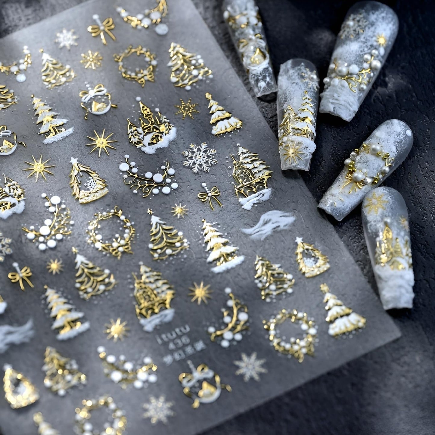 Christmas Nail Art Stickers 5D Embossed Xmas Tree Snowflake Nail Decals White Gold Christmas Nail Stickers for Nail Art Self Adhesive Nail Supplies Design for Women Girls