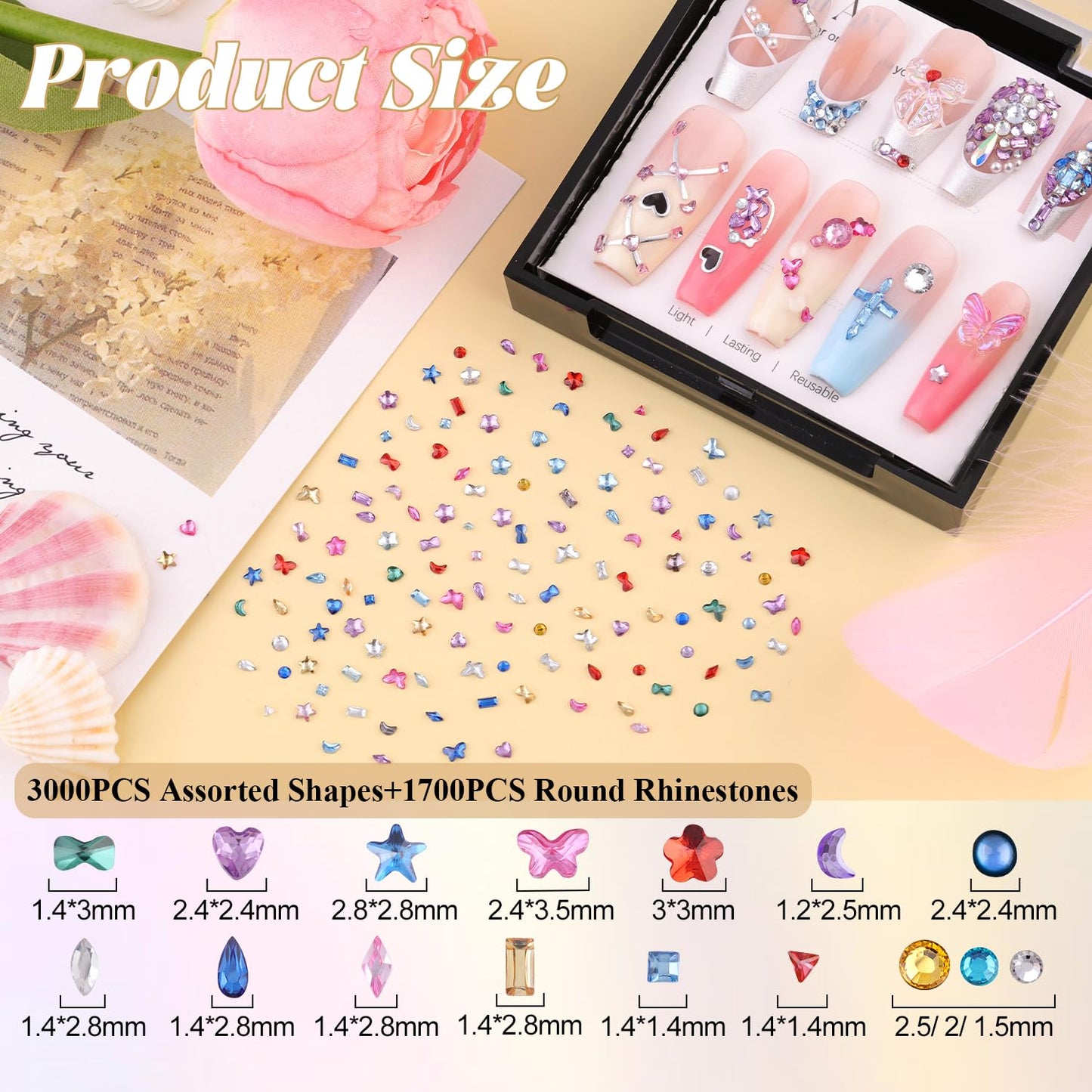 1.2-3 MM 4700 PCS Muliti Shape Colorful Rhinestones for Nail Art, 3D Resin Flatback Bedazzling Gems Mini Flower Bow Heart Star Butterfly, Gems Kit with Tweezers, Pickup Pencil and 15ML Nail Glue