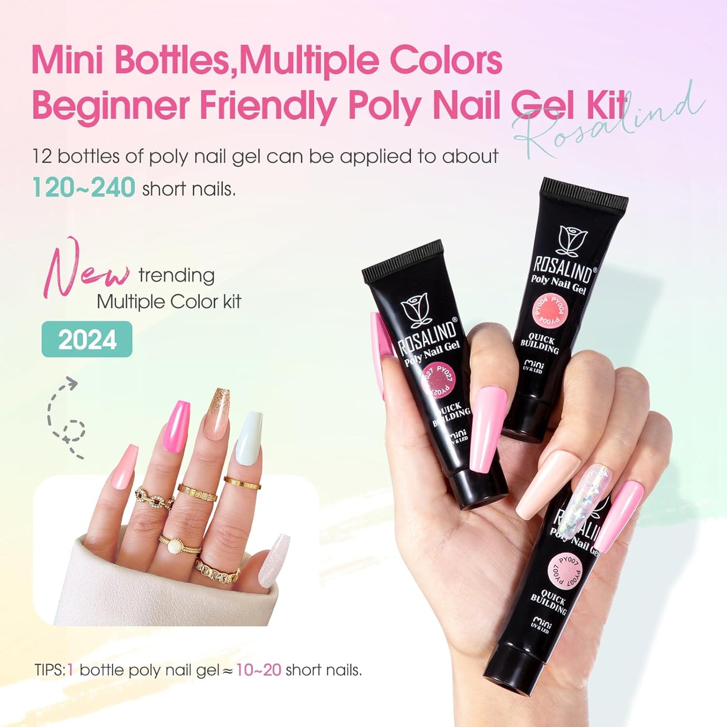 ROSALIND Poly Nail Gel Kit, 14 Colors Clear Nude Glitter Poly Nail Gels Kit with U V Light Poly Nails Gel Starter Kits For All Seasons Beginner DIY at Home