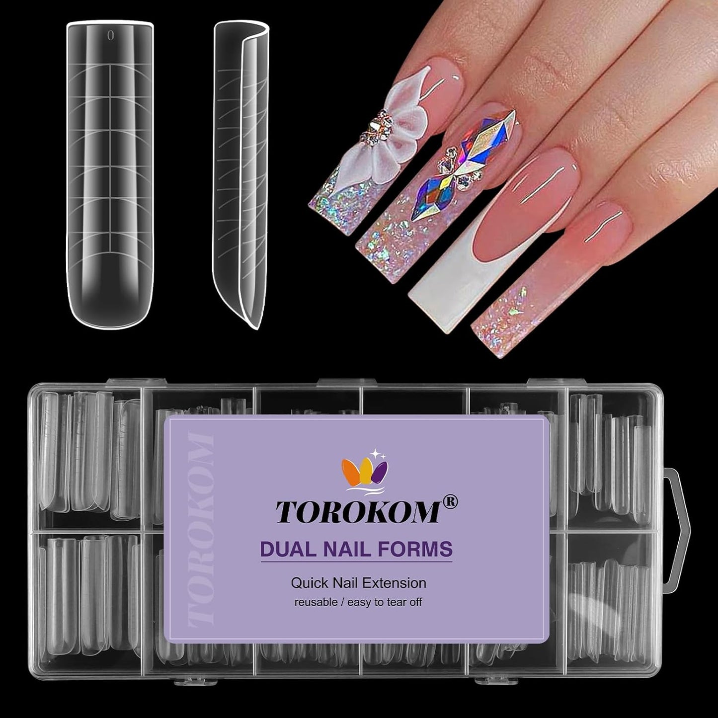 TOROKOM Poly Nail Gel Dual Nail Forms, 120 PCS Poly Nail Gel Long Square Structure Nail Molds for Builder Poly Extension Gel Nail Art Design Salon&DIY