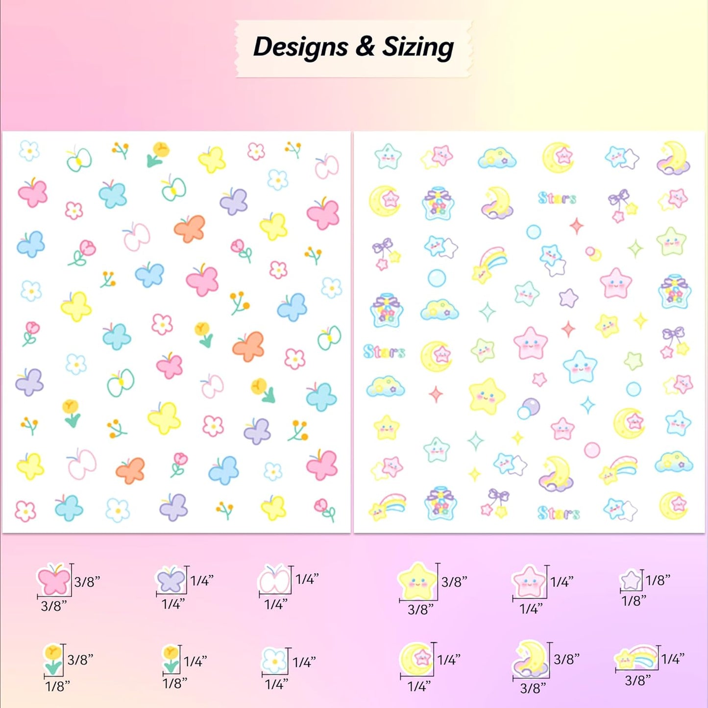 4 Sheets of 3D Nail Stickers - 289 Cute Nail Decals - Embossed Nail Stickers for Kids | Kawaii Theme - Butterfly, Flowers, Stars, Fruits, Bunny, Bears | Glow in The Dark