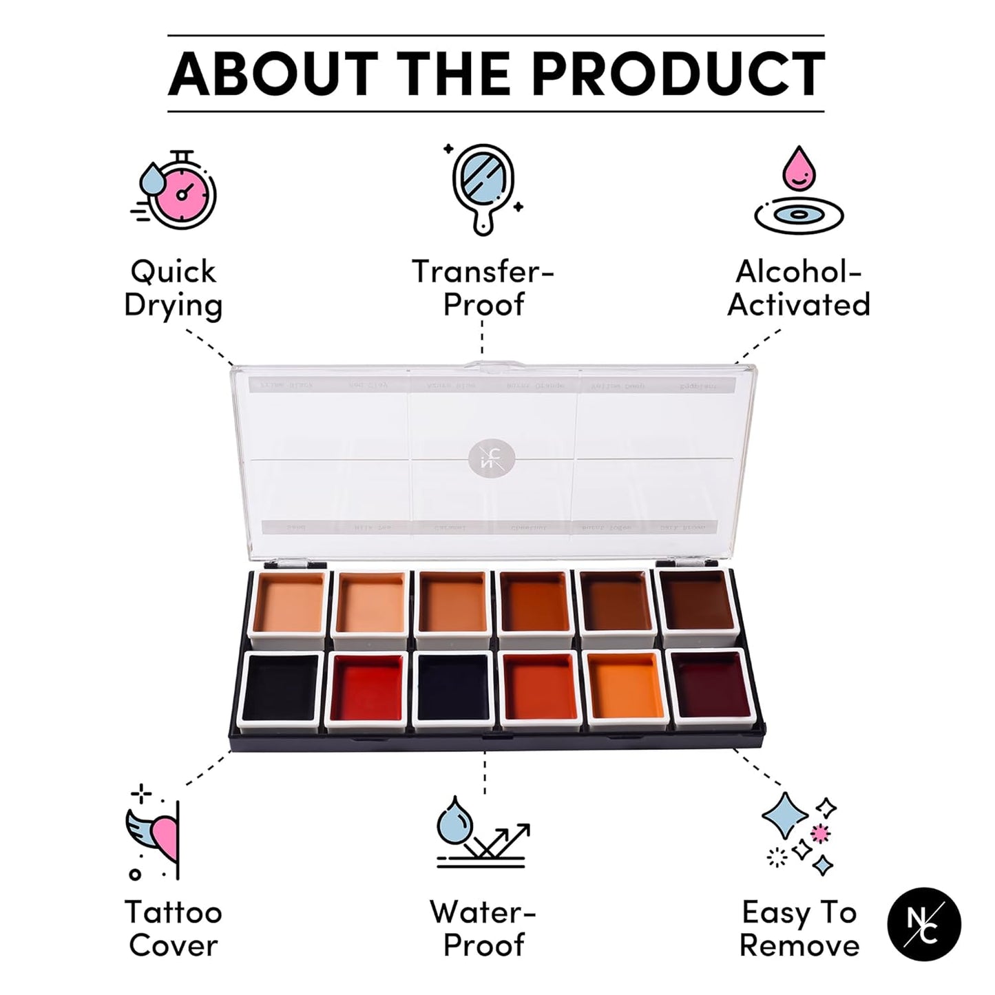 12 Color Dark Flesh Tone Alcohol Activated Makeup Palette for Special Effects - Waterproof Dark Flesh Tone Makeup for Professional Makeup Artists