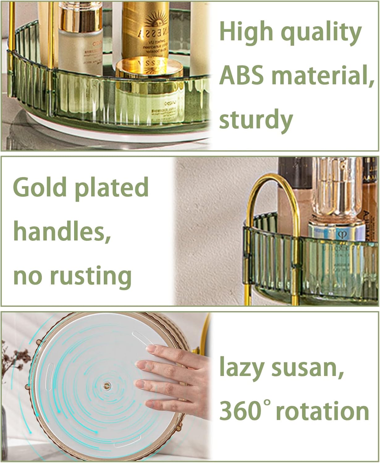 Rotating Makeup Organizer for Vanity, High-Capacity Skincare Clear Make Up Storage Perfume Organizers Cosmetic Dresser Organizer Countertop 360 Spinning (Green, 3 Tier)